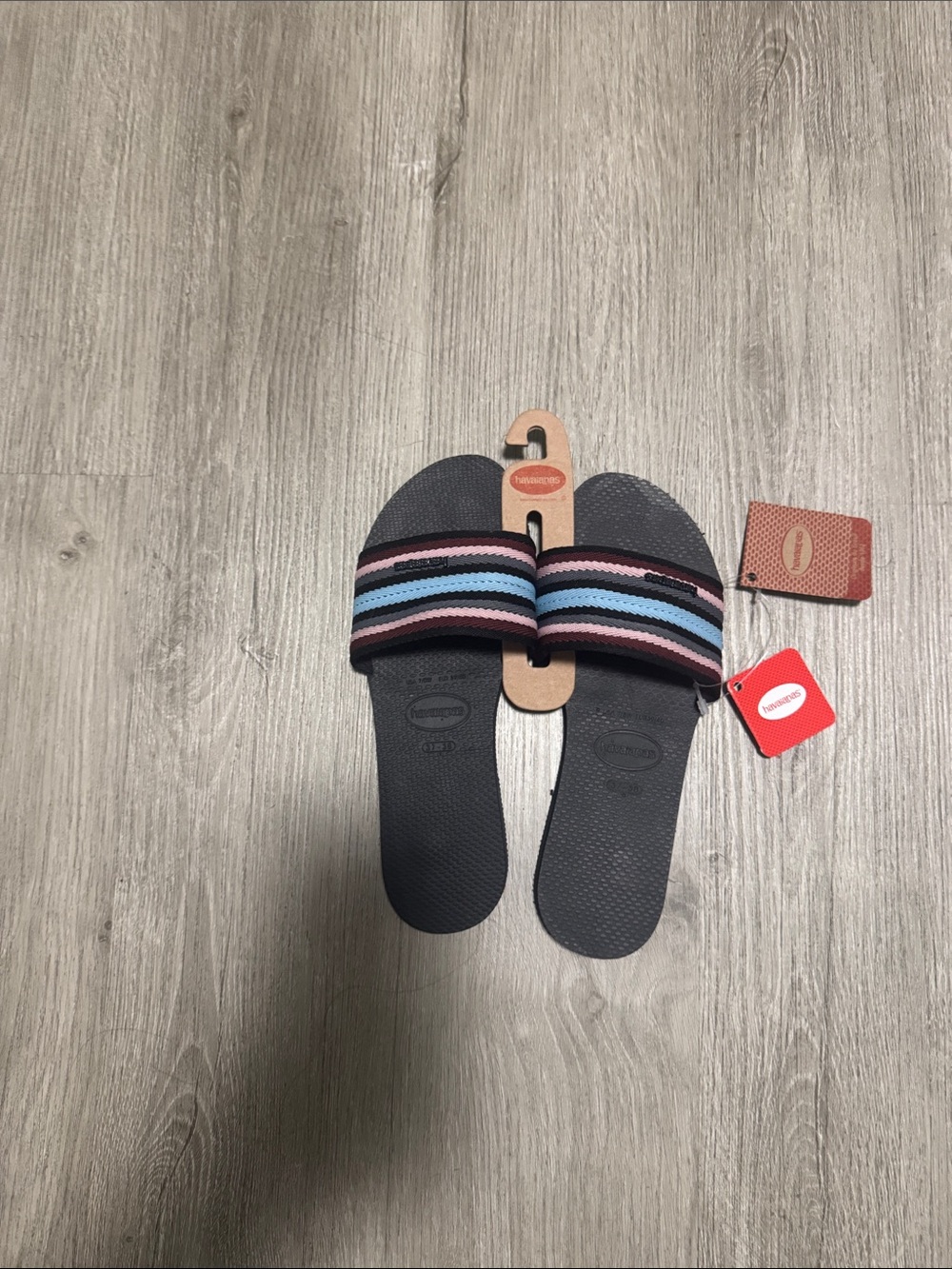 Havaianas Black Slides with Blue, Pink & White Striped Band